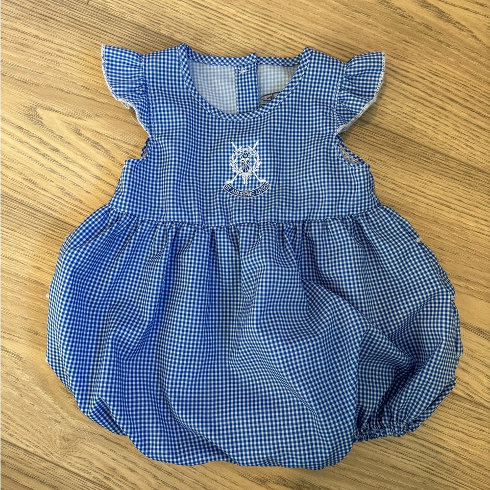 Adorable checker bubble romper with frills 0-3 months